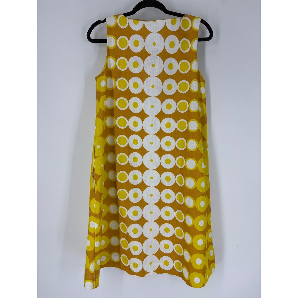 Lesley Evers Mustard Yellow White Geometric Circle Print Cotton Shift Dress - Picture 3 of 5